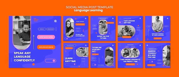 PSD coleção de postagens do instagram de aprendizado de idiomas
