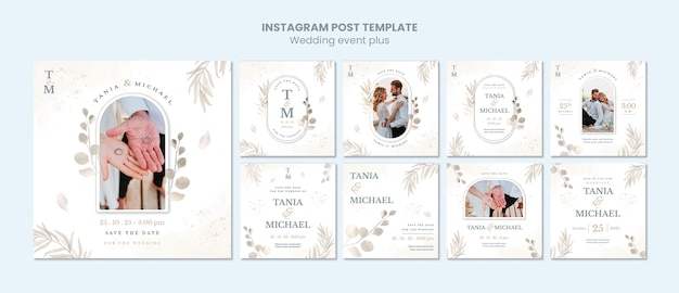 Coleção de postagens do instagram de casamento elegante com vegetação
