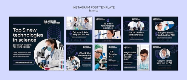 PSD coleção de postagens do instagram de ciência e tecnologia com cores gradientes e formas geométricas