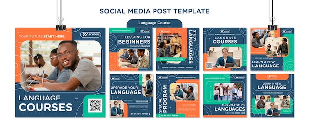 Coleção de postagens do instagram de curso de idiomas com linhas geométricas