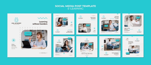 Coleção de postagens do instagram de e-learning com design de pontos