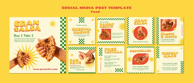 Coleção de postagens do instagram de fast food em estilo groovy