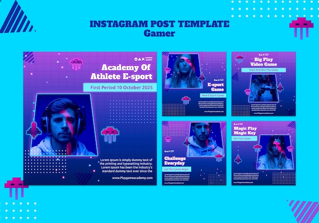 PSD coleção de postagens do instagram de neon para jogos