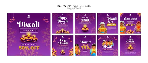 PSD coleção de postagens do instagram diwali com design de mandala