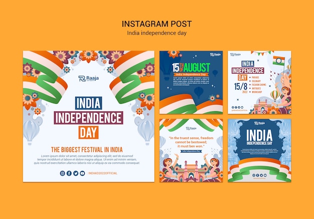 Coleção de postagens do instagram do dia da independência da Índia com mulher e bandeira