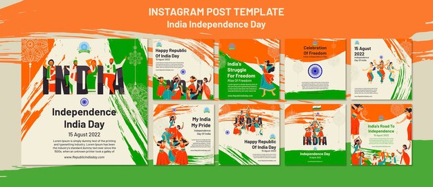 Coleção de postagens do instagram do dia da independência da Índia com pessoas dançando e cores da bandeira