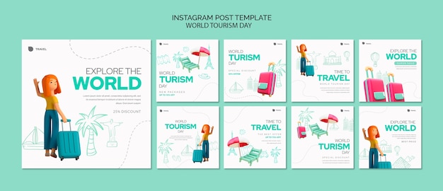 PSD coleção de postagens do instagram do dia mundial do turismo