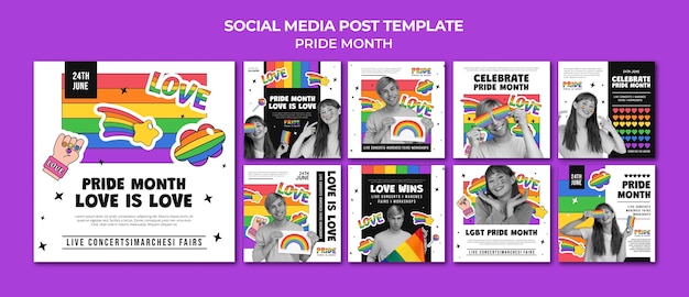 Coleção de postagens do instagram do mês do orgulho com cores do arco-íris