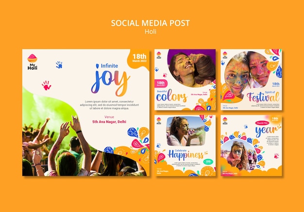 PSD coleção de postagens do instagram para celebração do festival de holi