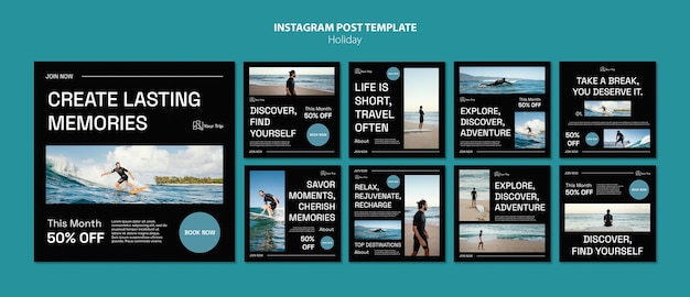 Coleção de postagens do instagram para férias de surf