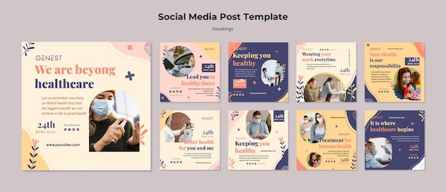 Coleção de postagens do Instagram para saúde com pessoas usando máscaras médicas