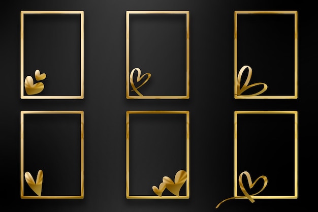 coleção de quadros dourados com design de corações dourados brilhantes
