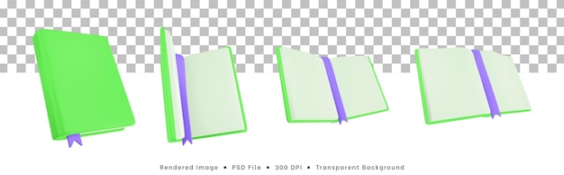 Coleção de renderização 3d de ícones de livros abertos para poses de livros fechados
