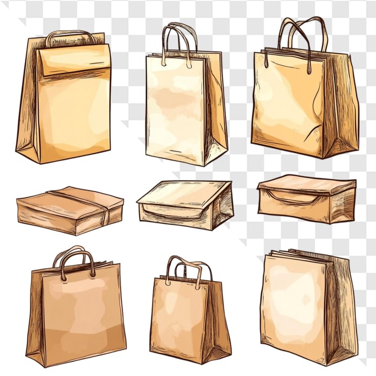 PSD coleção de sacos e caixas de papel encantadores perfeitos para compras ou comida para levar design de embalagem delicioso