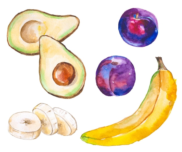 PSD coleção pintada em aquarela de frutas elementos de design de alimentos frescos desenhados à mão isolados no fundo branco