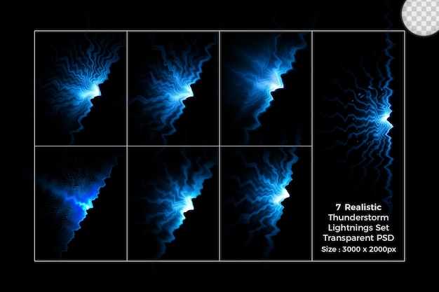 PSD coleção realista de relâmpagos de raios isolados em conjunto transparente