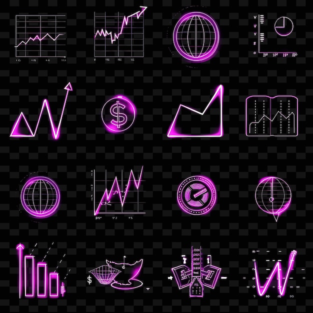 PSD colecção de ícones de dados de mercado com efeito de néon cintilante set png iconic y2k shape art decorative