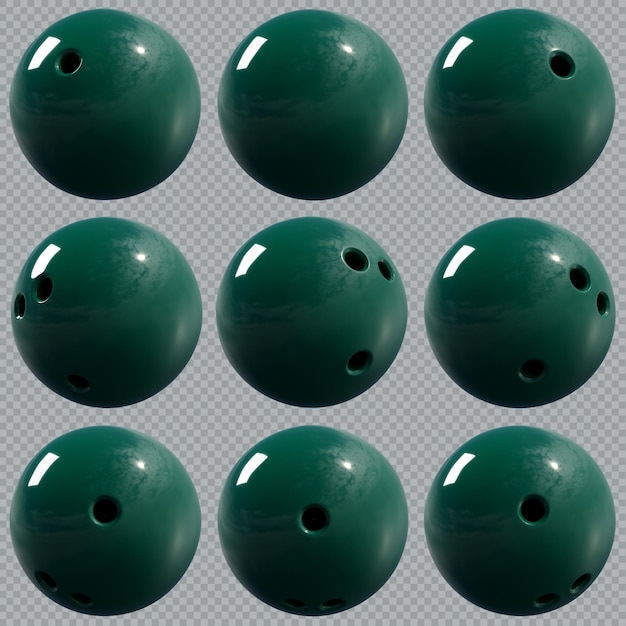 Colección de 3d render 12 libras bolas de bolos verde oscuro con alta resolución en muchas direcciones