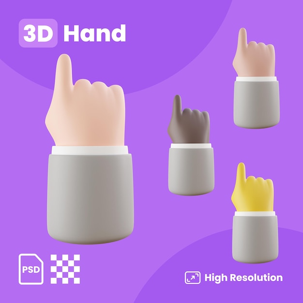 PSD colección 3d de señalar con el dedo el signo de la mano número uno