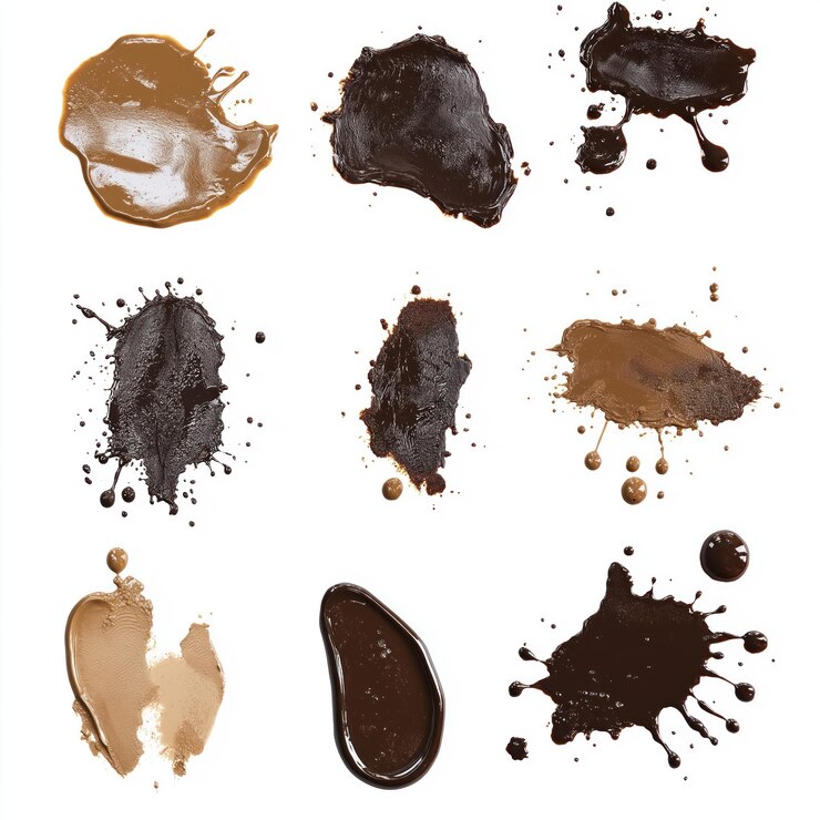 Colección de 9 manchas de chocolate en fondo transparente aislado marrón oscuro marrón más claro y