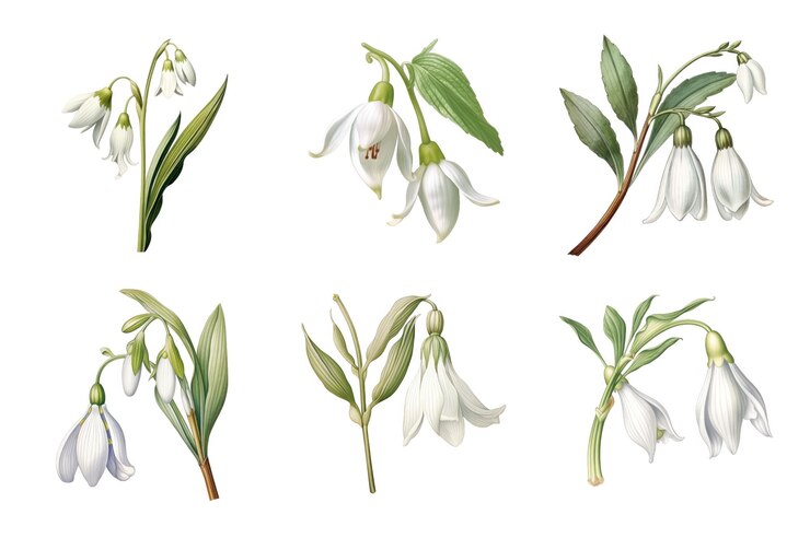 PSD colección de acuarelas de la flor de la gota de nieve set de paquetes aislados en un fondo transparente