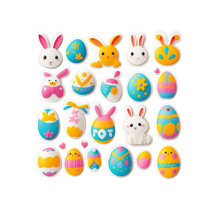 PSD colección de adorables conejitos y huevos de pascua caracteres de dibujos animados y elementos de decoración festiva