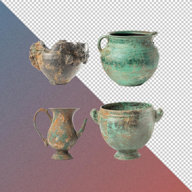 PSD colección de antiguas ollas y recipientes de bronce