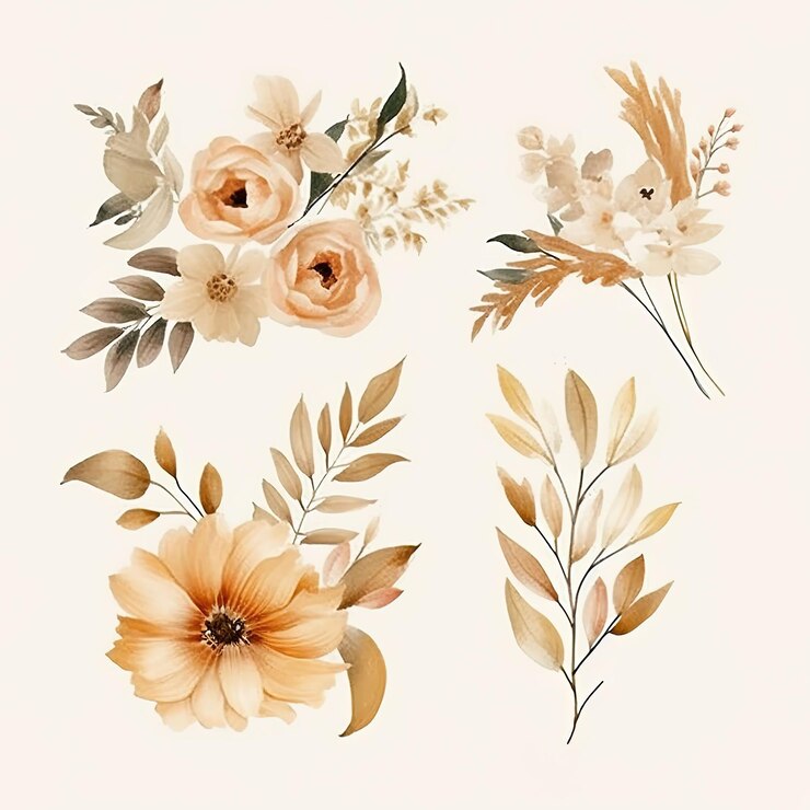 PSD colección de arreglos florales beige de acuarela vectorial