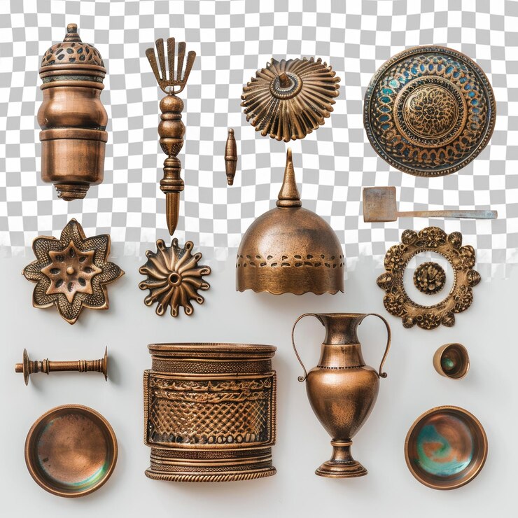 PSD una colección de artículos de bronce viejos, incluido uno que tiene un color azul y verde
