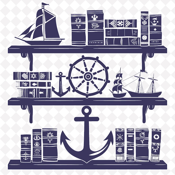 PSD una colección de artículos náuticos que incluyen un barco y un barco en una plataforma