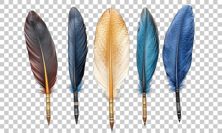 PSD colección artística de coloridas plumas expuestas sobre un fondo blanco limpio
