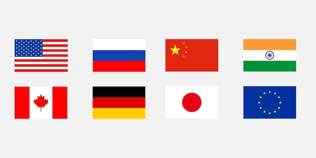 Colección de banderas del mundo, incluidas las de EE. UU., Rusia, China, India, Canadá, Alemania, Japón y la UE