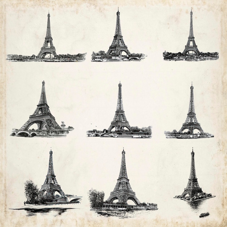 PSD colección de bocetos antiguos de la torre eiffel