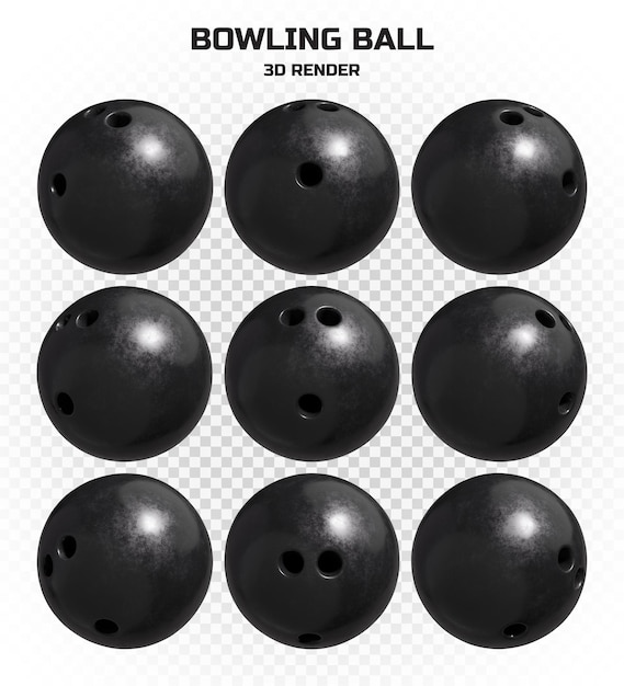 Colección de bolas de bolos negras mate realistas en 3d en alta calidad con muchas perspectivas