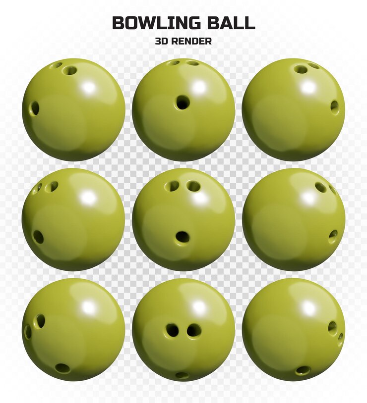 PSD colección de bolas de bolos verdes brillantes de renderizado 3d en alta resolución con muchas perspectivas