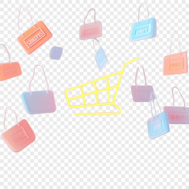 una colección de bolsas de compras y una canasta de compras con la palabra "compra" en la parte inferior