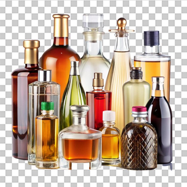 Colección de botellas de alcohol, incluido el perfume, aisladas sobre un fondo transparente