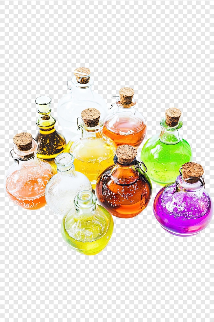 PSD una colección de botellas de diferentes colores de perfume en un fondo transparente