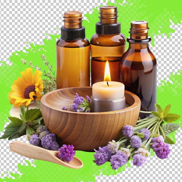 Una colección de botellas de jabones y flores en una mesa de madera