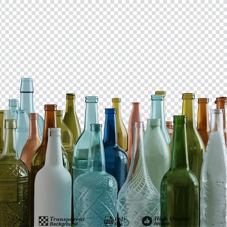 PSD una colección de botellas de vidrio de varias formas y tamaños aisladas
