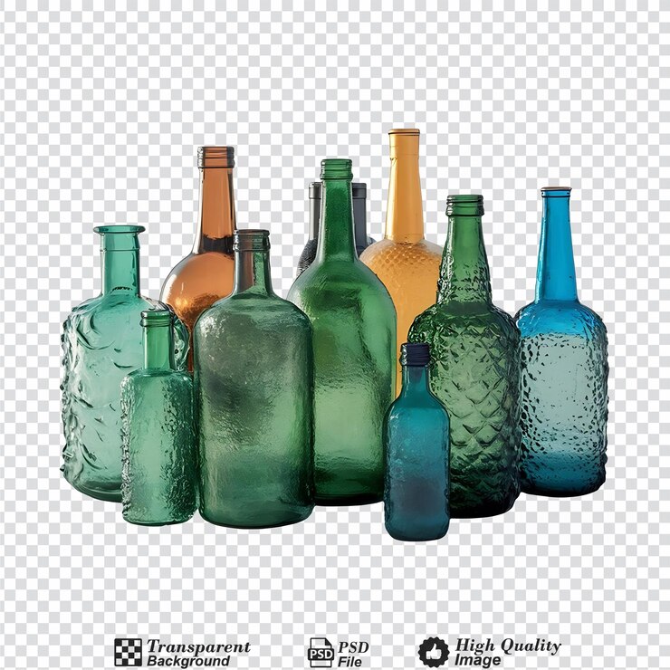 PSD una colección de botellas de vidrio de varias formas y tamaños aisladas
