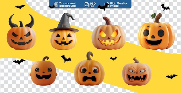 Colección de calabazas de Halloween jackolantern caras con expresiones en estilo de dibujos animados en 3D