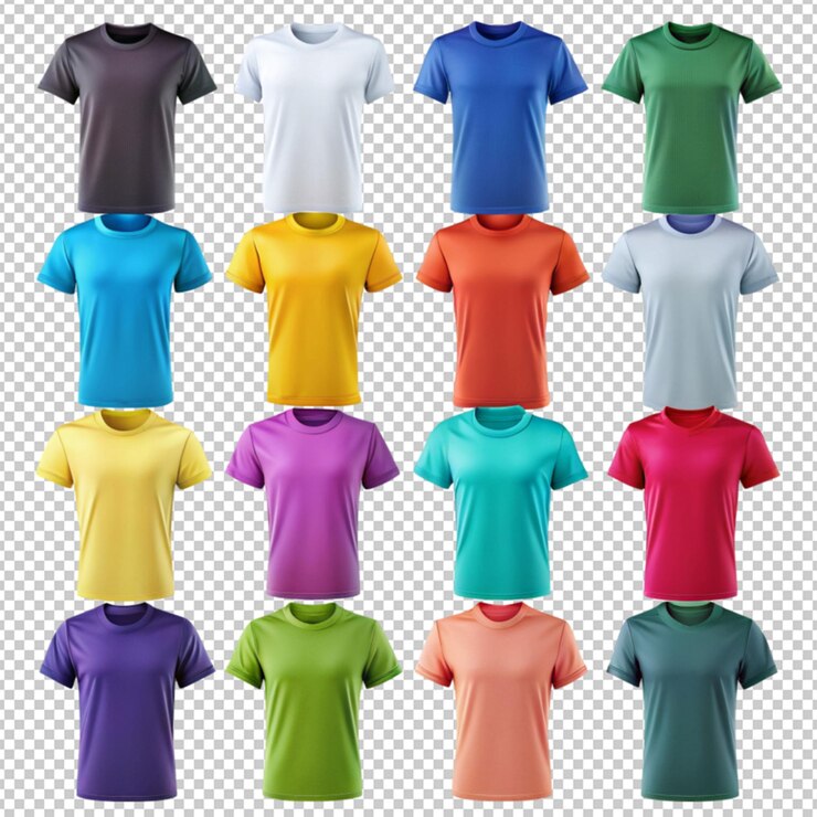 PSD colección de camisetas de 2d en diferentes colores sobre un fondo transparente