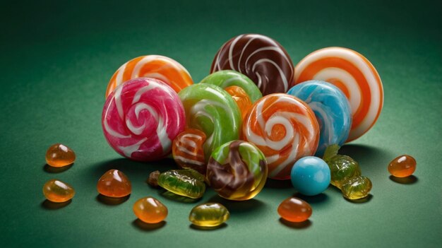 una colección de caramelos coloridos incluyendo uno que dice piruleta