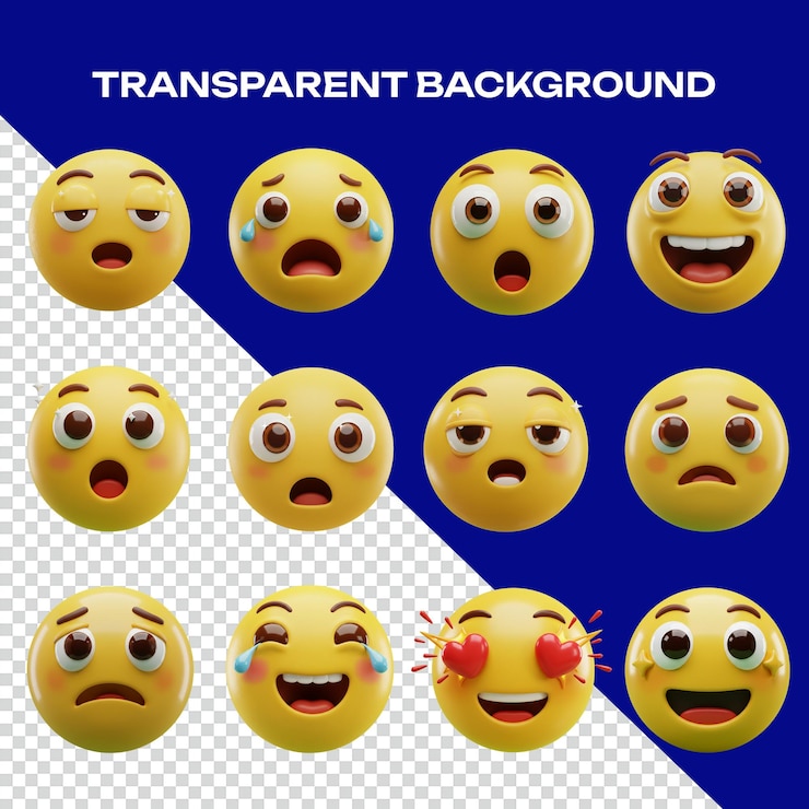 Colección de caras emoji renderizadas en 3D con varias expresiones