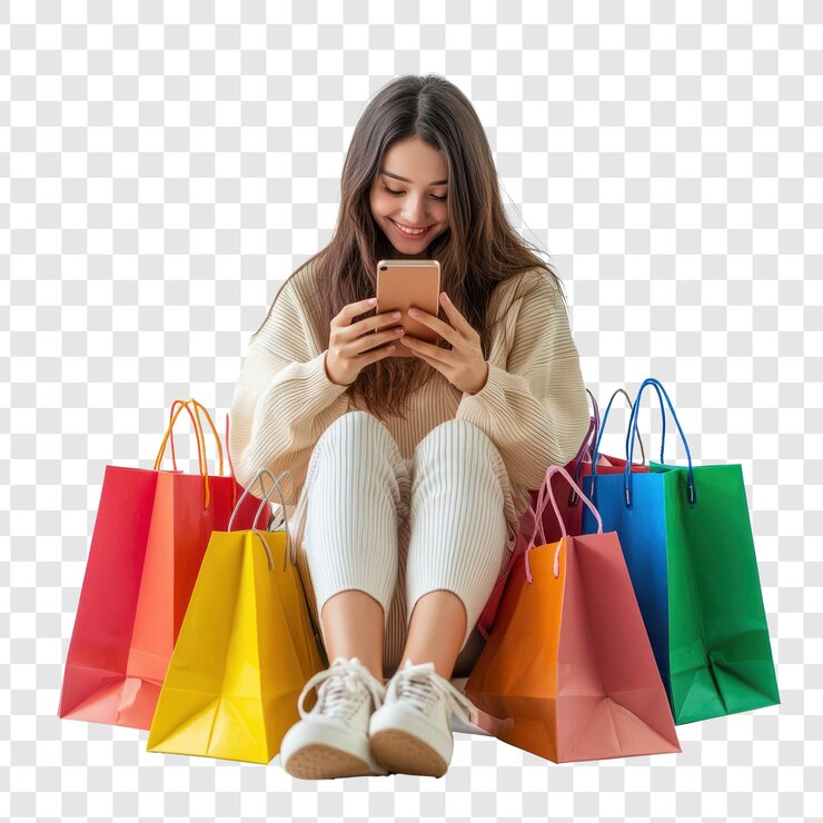 PSD colección de chicas felices sentadas usando un teléfono inteligente rodeadas de bolsas de compras coloridas vista lateral aislada sobre un fondo transparente