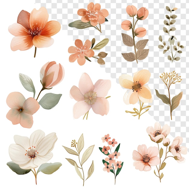 PSD colección de clipart de flores de primavera con acuarela de tonos neutrales