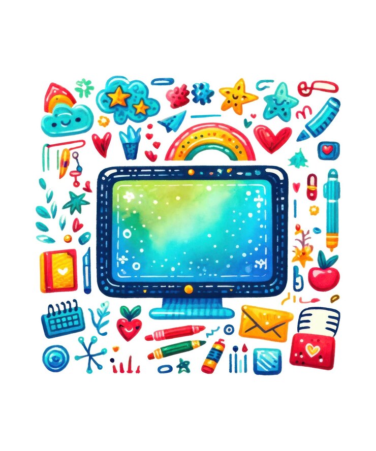 PSD una colección colorida de artículos que incluyen un monitor de computadora un arco iris y un arcoíris