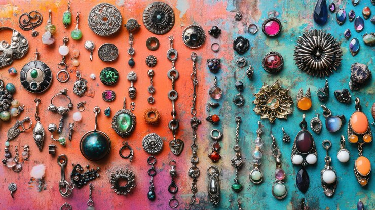 PSD colección colorida de colgantes de joyas hechas a mano cuentas y amuletos dispuestos en un fondo texturizado