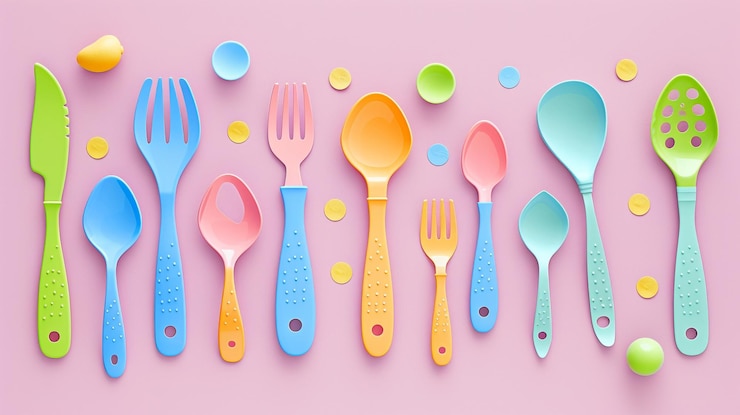 PSD una colección colorida de cucharas y cucharas con diferentes colores